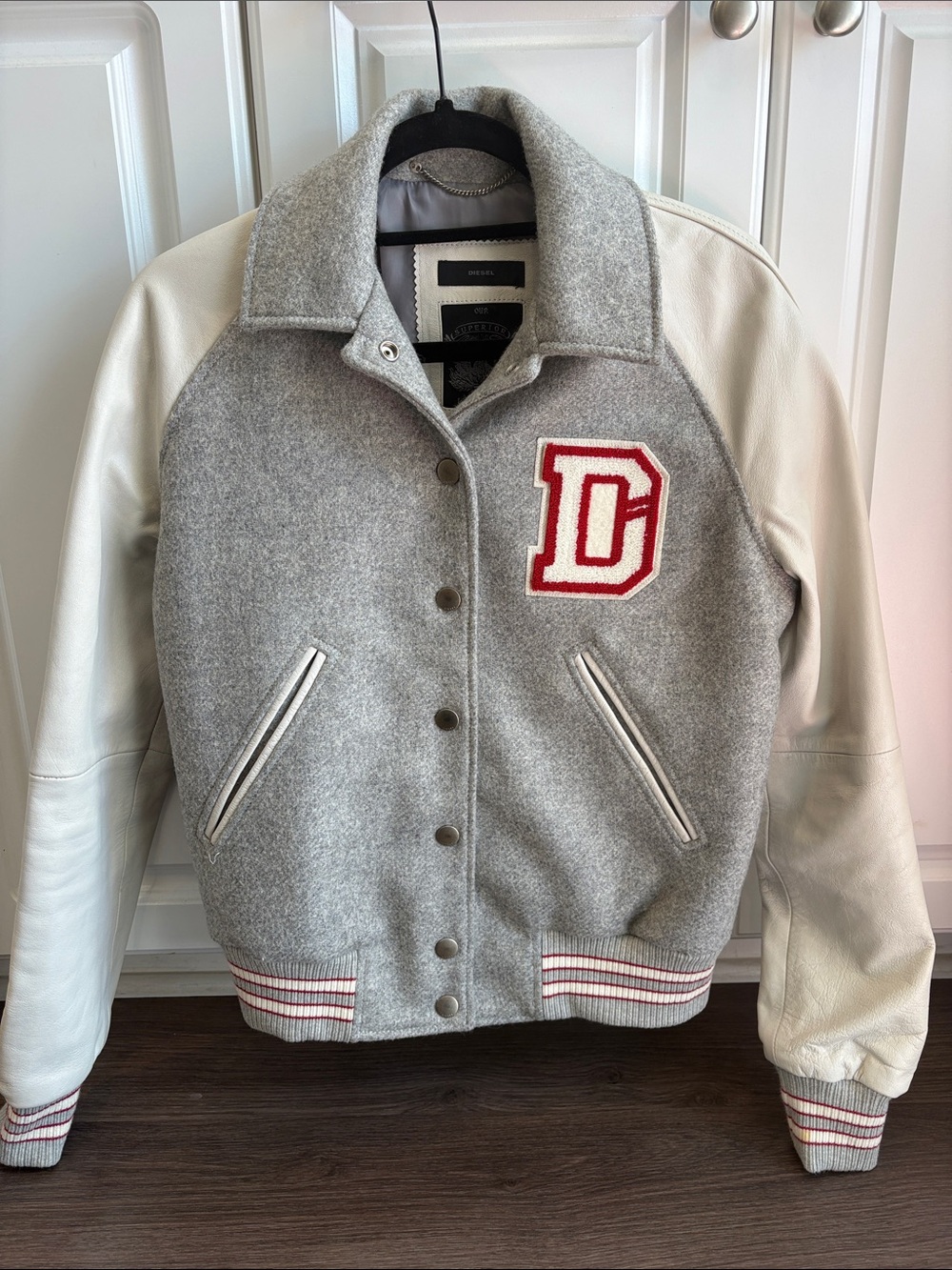 Diesel Gray and White Varsity Jacket with Red 'D' Patch